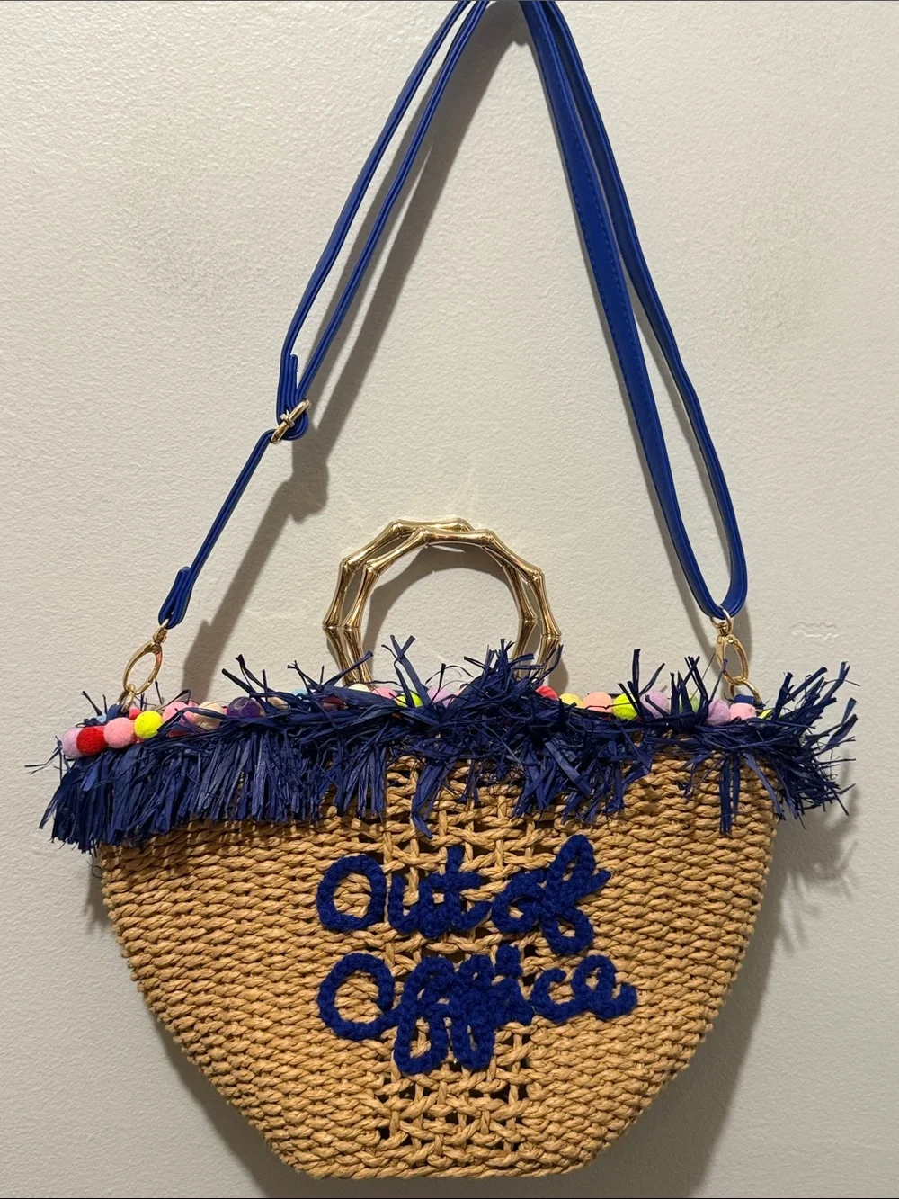 Out of Office Vacation Navy Trim Straw Shoulder Tote Gold Ring Handle